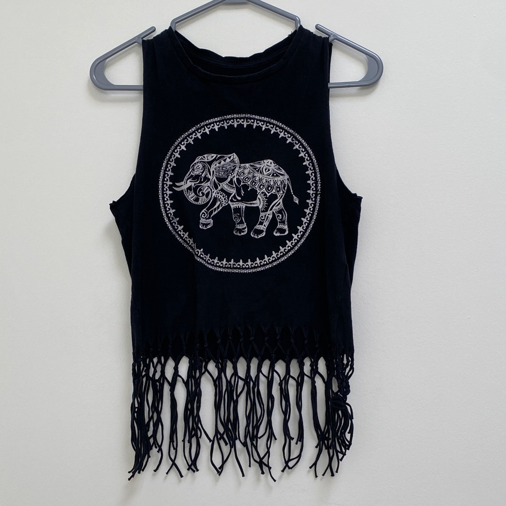 Black Fringe Crop Tank with White Elephant Print, 💯 Cotton, Small